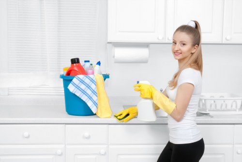 Kitchen house cleaning with organized countertops